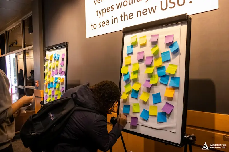 Student using sticky notes on poster board