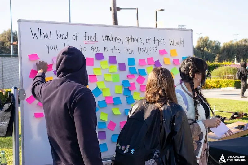 students voting on large board with sticky notes