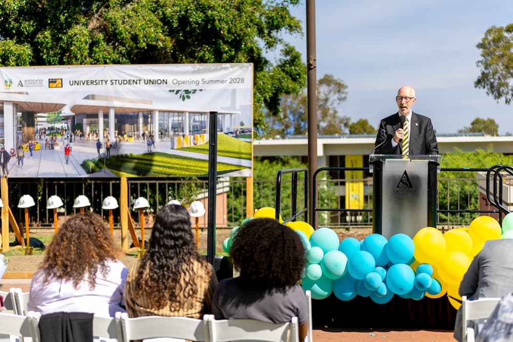 CSULB President giving speech