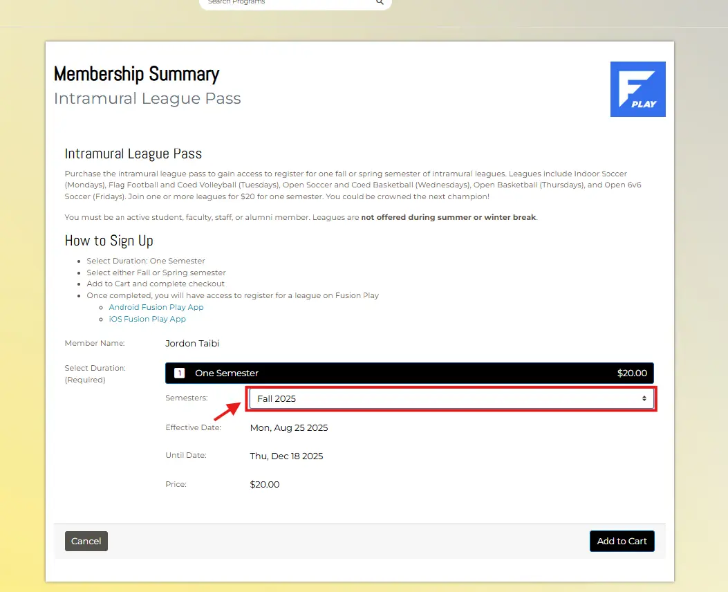 Membership signup screen